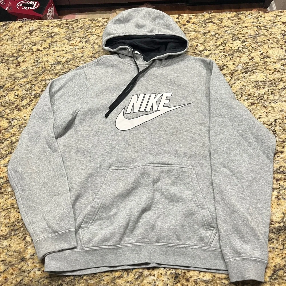 Nike Mens Hoodie Heather Grey White Swoosh Logo Pullover Sweatshirt Large